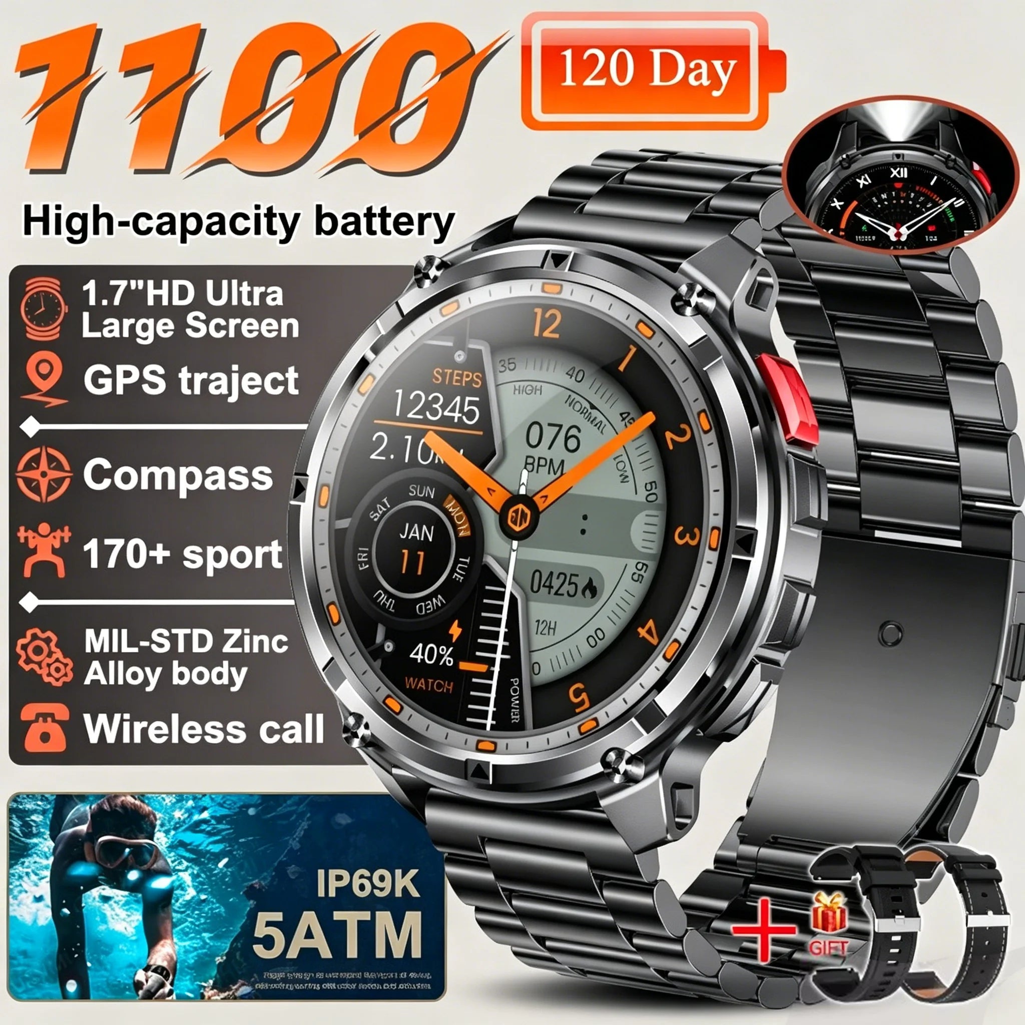 Nouvelle montre connectée T-REX3 Ultra avec batterie 1100mAh, étanche 10ATM, GPS, boussole, lampe de poche, écran AMOLED HD de 1,7 pouces, appels, montre connectée sport pour hommes
