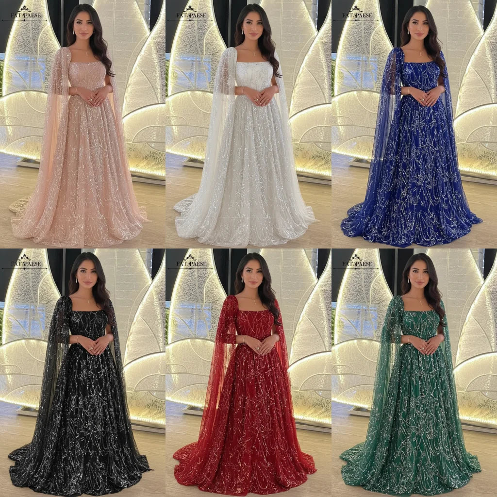 FATAPAESE luxe perles paillettes Cape robes de soirée Champagne une ligne Tulle robe d'invité de mariage pour arabe dubaï saoudien
