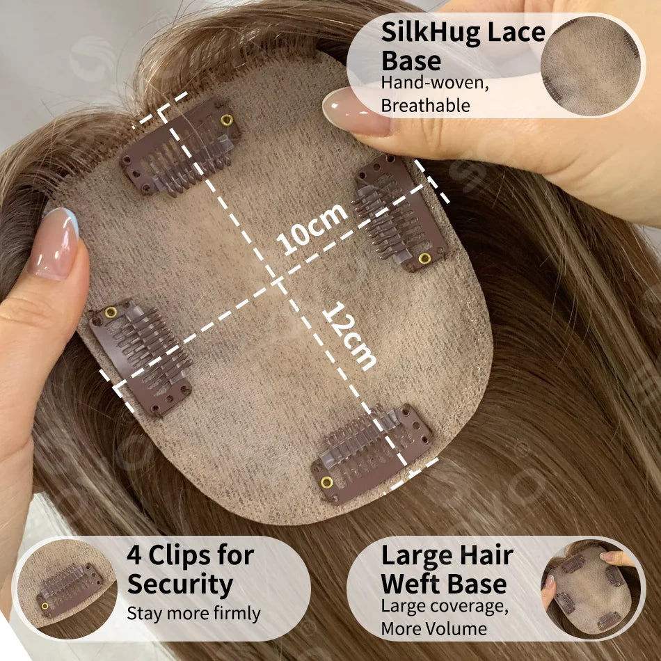 Topper de cheveux humains lisses avec mèches pour femmes 10x12CM, postiche à base de peau avec 4 clips, cheveux humains véritables respirants