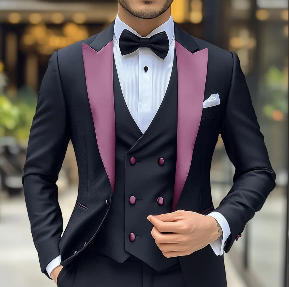 Costume 3 pièces de smoking de mariage pour marié, costume noir pour hommes, veste, pantalon, gilet formel, Blazer à revers, tenue cintrée