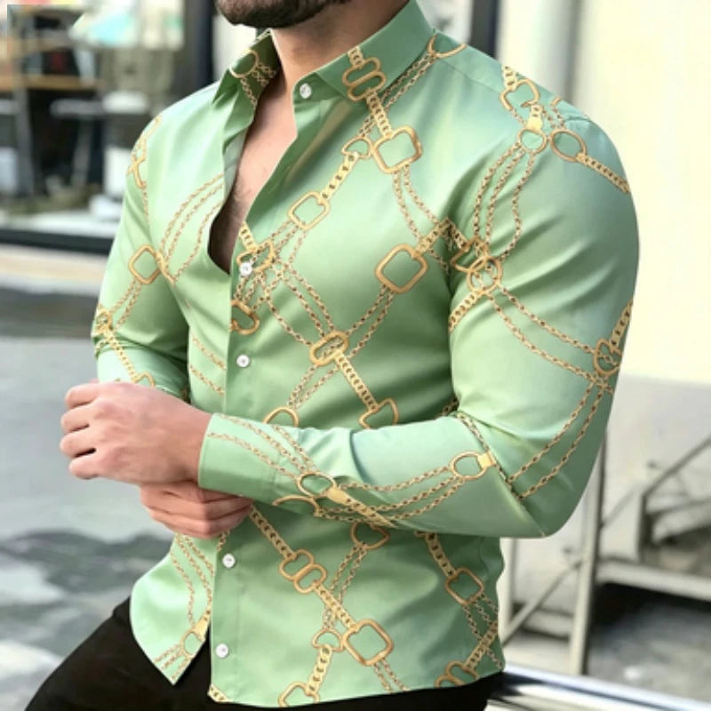 Chemise à manches longues pour homme avec imprimé chaîne dorée, style décontracté chic européen et américain pour jeunes, imprimé tendance pour homme, quotidien