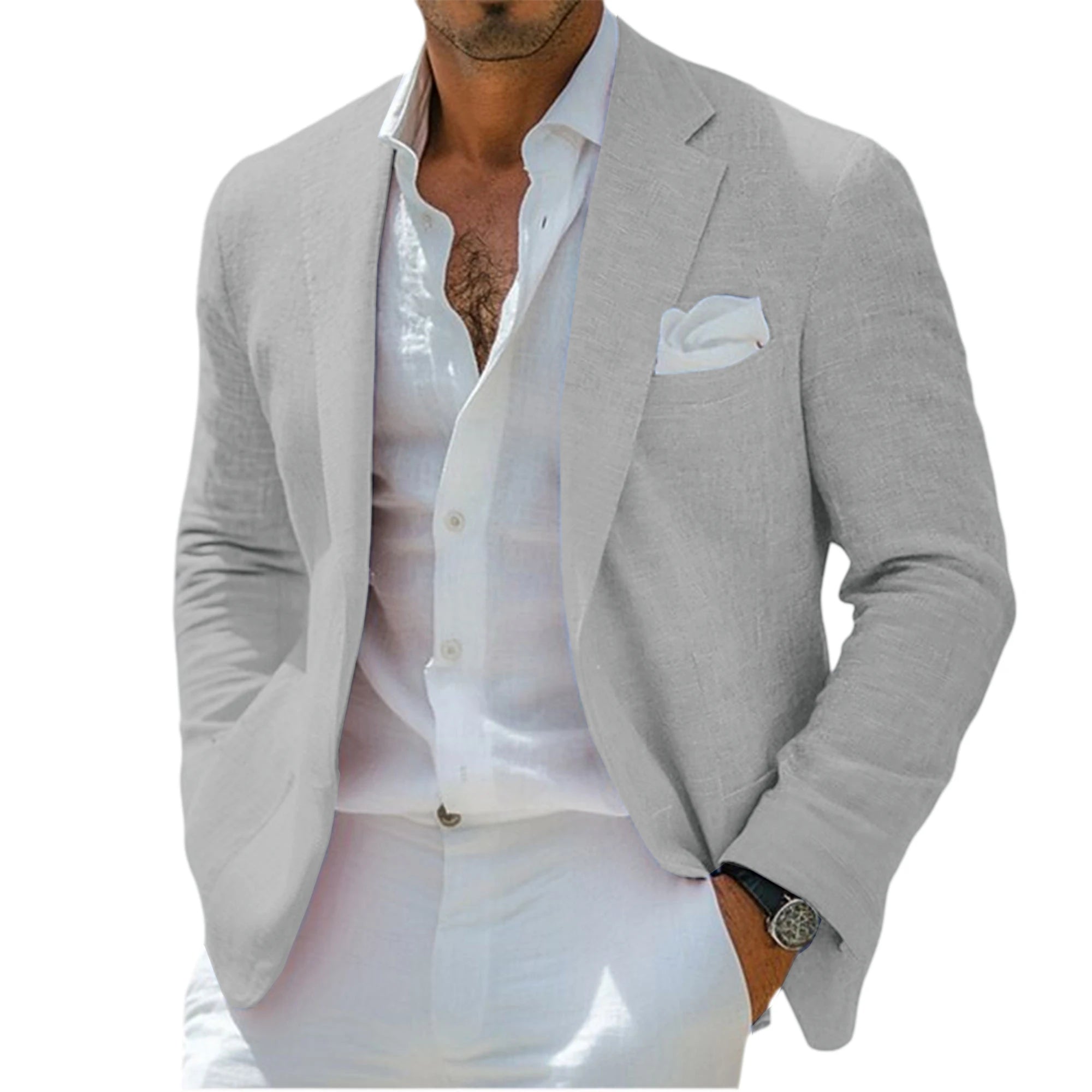 Blazer en lin pour homme, revers cranté, 2 boutons, coupe ajustée, veste de costume légère et respirante, idéale pour l'été, la plage, les mariages, le sport ou le quotidien