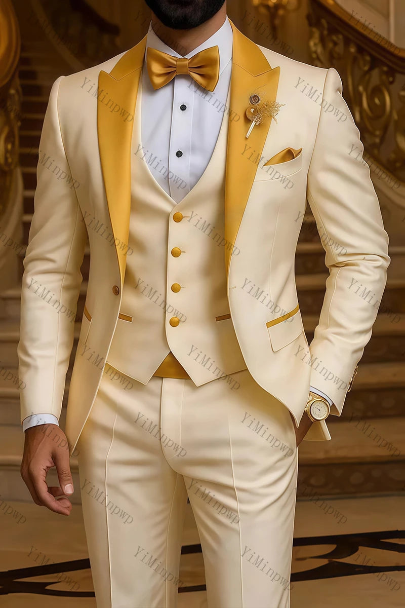Costume Homme 3 Pièces Revers Pointu Un Bouton Style Italien Champagne pour Mariage Smoking Bal de Promo Coupe Slim Blazer Personnalisé