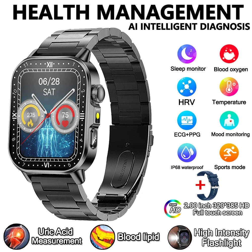 Montre connectée pour hommes et femmes, nouveau modèle d'analyse de la santé des acides uriques et des lipides, ECG + PPG, appel Bluetooth, lampe de poche 2026 pouces, 2.021