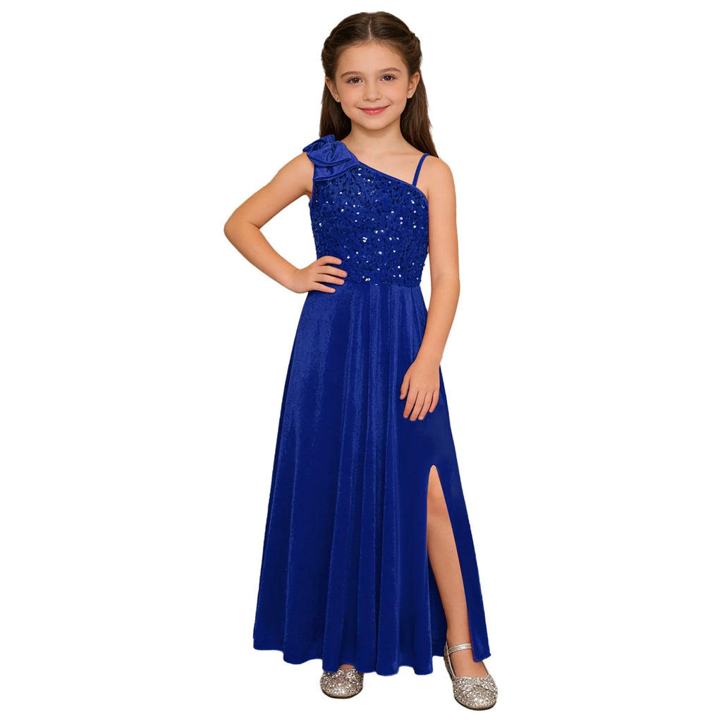 Robe de Demoiselle d'Honneur Junior Élégante pour Filles, Robe de Fille d'Honneur à Une Épaule Fendue avec Fleur pour Mariage, Fête, Costume Festif, Robes pour Enfants