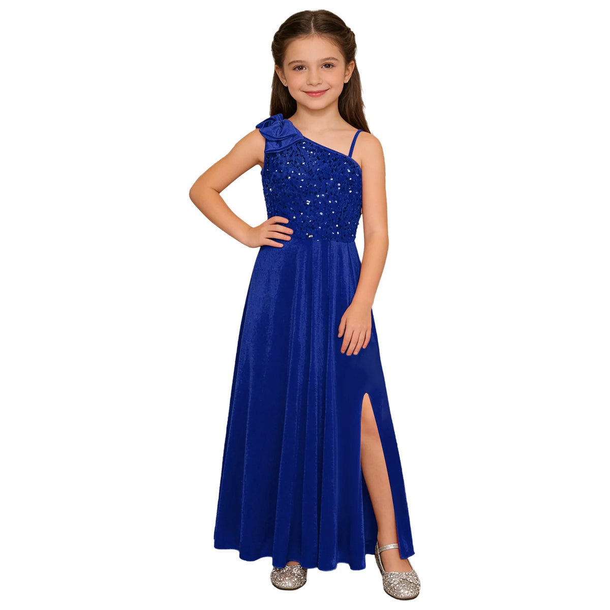 Robe de Demoiselle d'Honneur Junior Élégante pour Filles, Robe de Fille d'Honneur à Une Épaule Fendue avec Fleur pour Mariage, Fête, Costume Festif, Robes pour Enfants