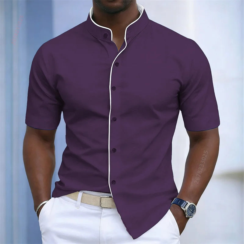 Chemise d'été pour homme à col montant et manches courtes, 20 couleurs, design color block tendance, coupe ajustée, chemise décontractée pour affaires, tailles XS-6XL