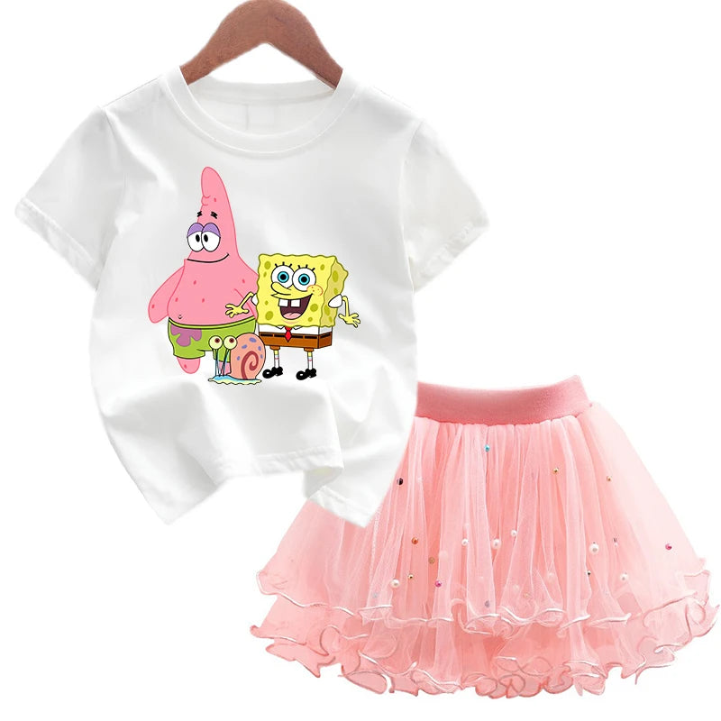 Robe Bob l'éponge pour filles, vêtements d'anniversaire pour enfants, robe de princesse de fête, T-shirt + jupe Tutu, cadeau de soirée d'été, 2 pièces/ensemble