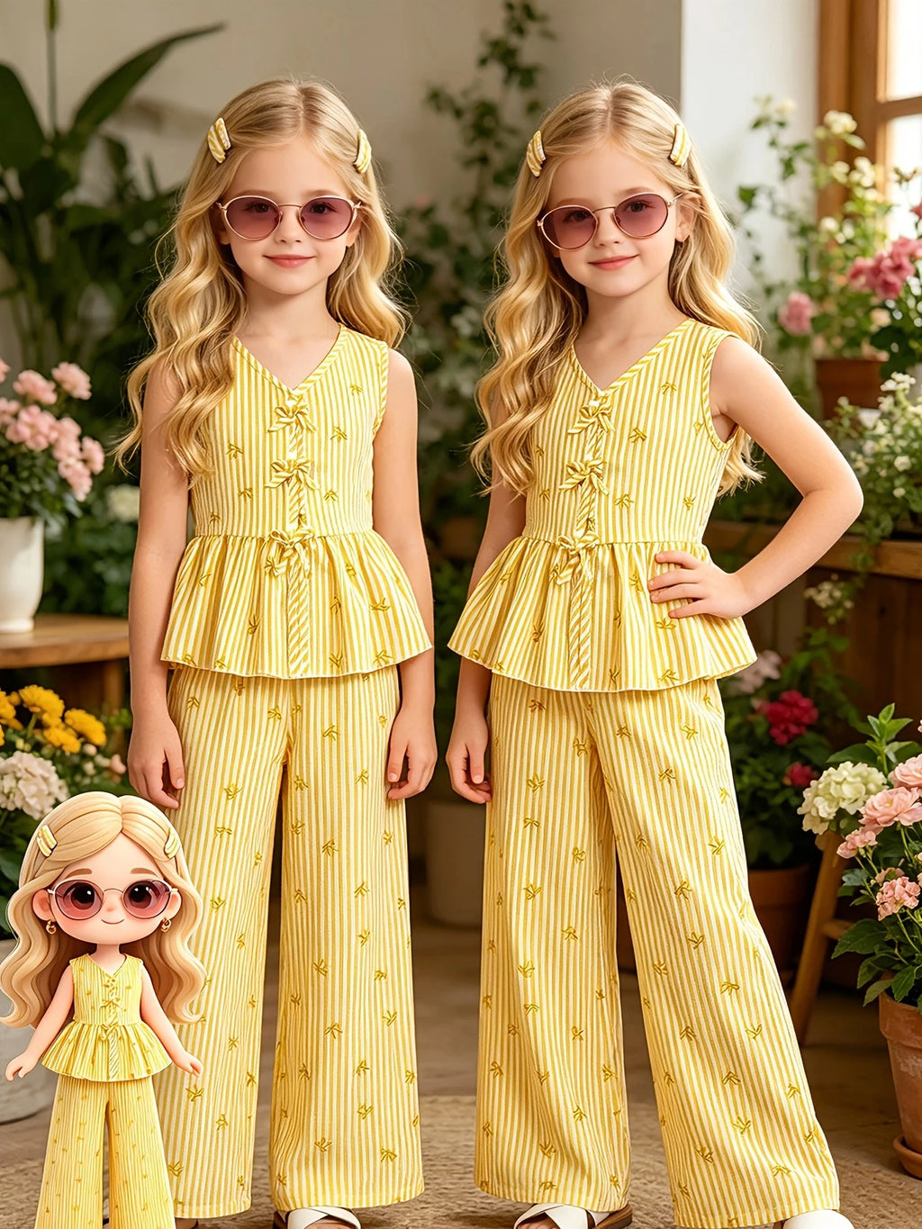Tenue d'été 2 pièces pour enfants filles, haut à volants sans manches à col en V avec imprimé à rayures verticales jaunes et pantalon à jambes larges taille haute, décontracté