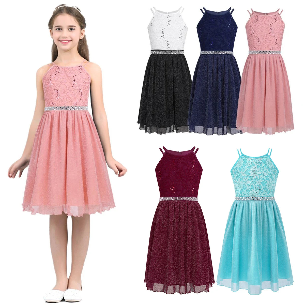 Iiniim-Robe brillante en dentelle florale à paillettes pour adolescentes, robe d'été formelle pour mariage et fête d'anniversaire