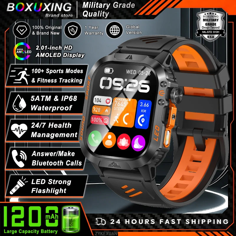 Nouvelle montre connectée militaire 2026 pour hommes, batterie 1200 mAh, étanche 5ATM, suivi d'activité, santé, fréquence cardiaque, compatible iOS et Android