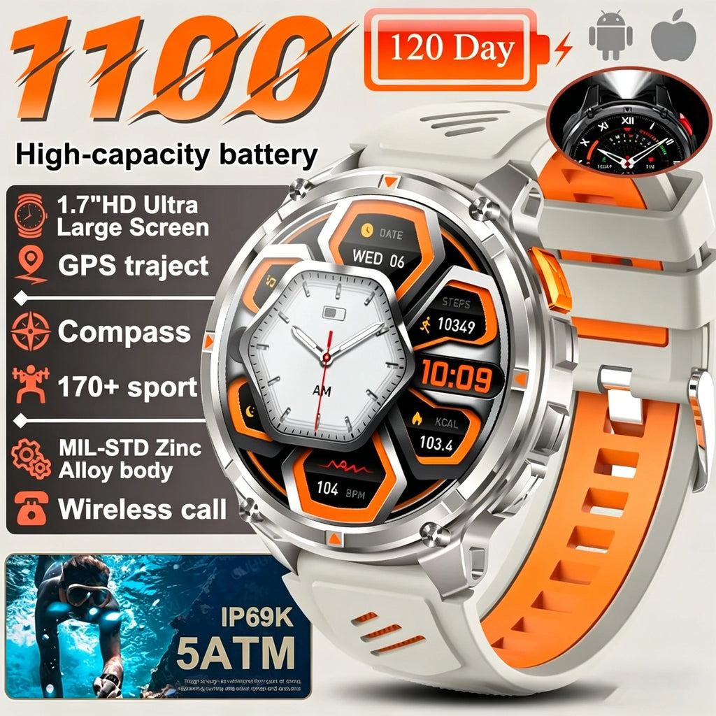 Nouvelle montre connectée T-REX3 Ultra avec batterie 1100mAh, étanche 10ATM, GPS, boussole, lampe de poche, écran AMOLED HD de 1,7 pouces, appels, montre connectée sport pour hommes