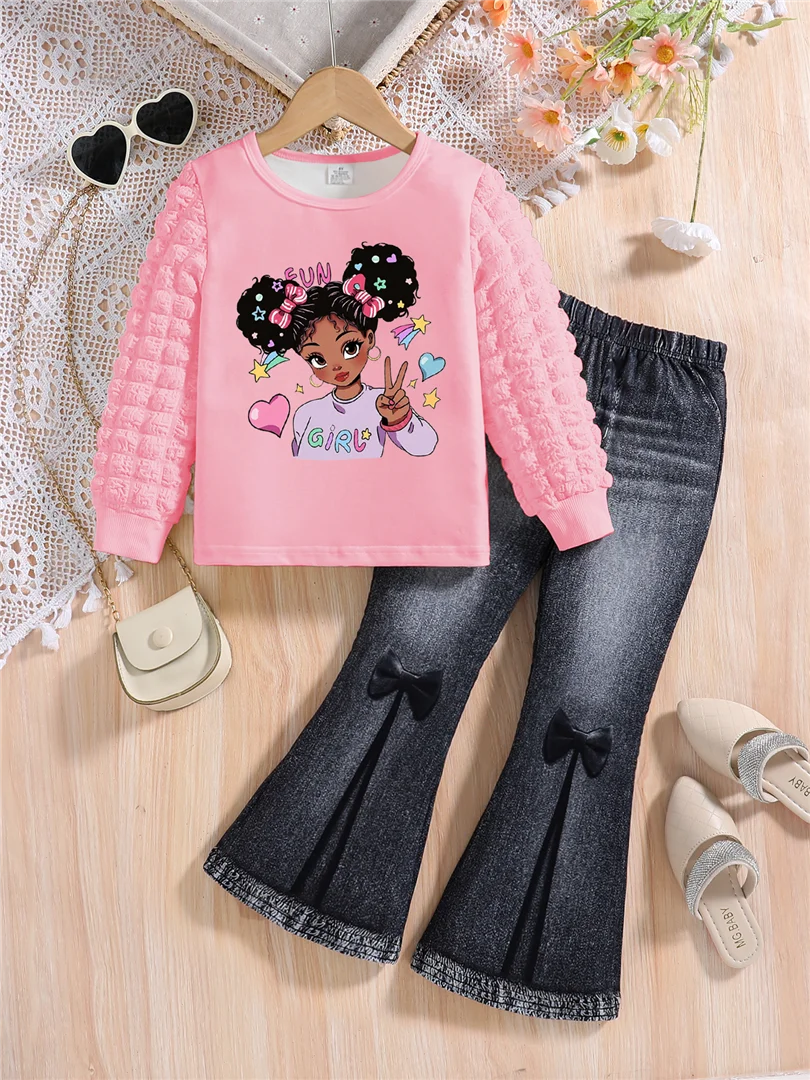 Ensemble de mode pour filles, avec col rond blanc, imprimé de dessin animé, manches longues et pantalon amincissant de couleur unie, deux pièces, printemps et automne