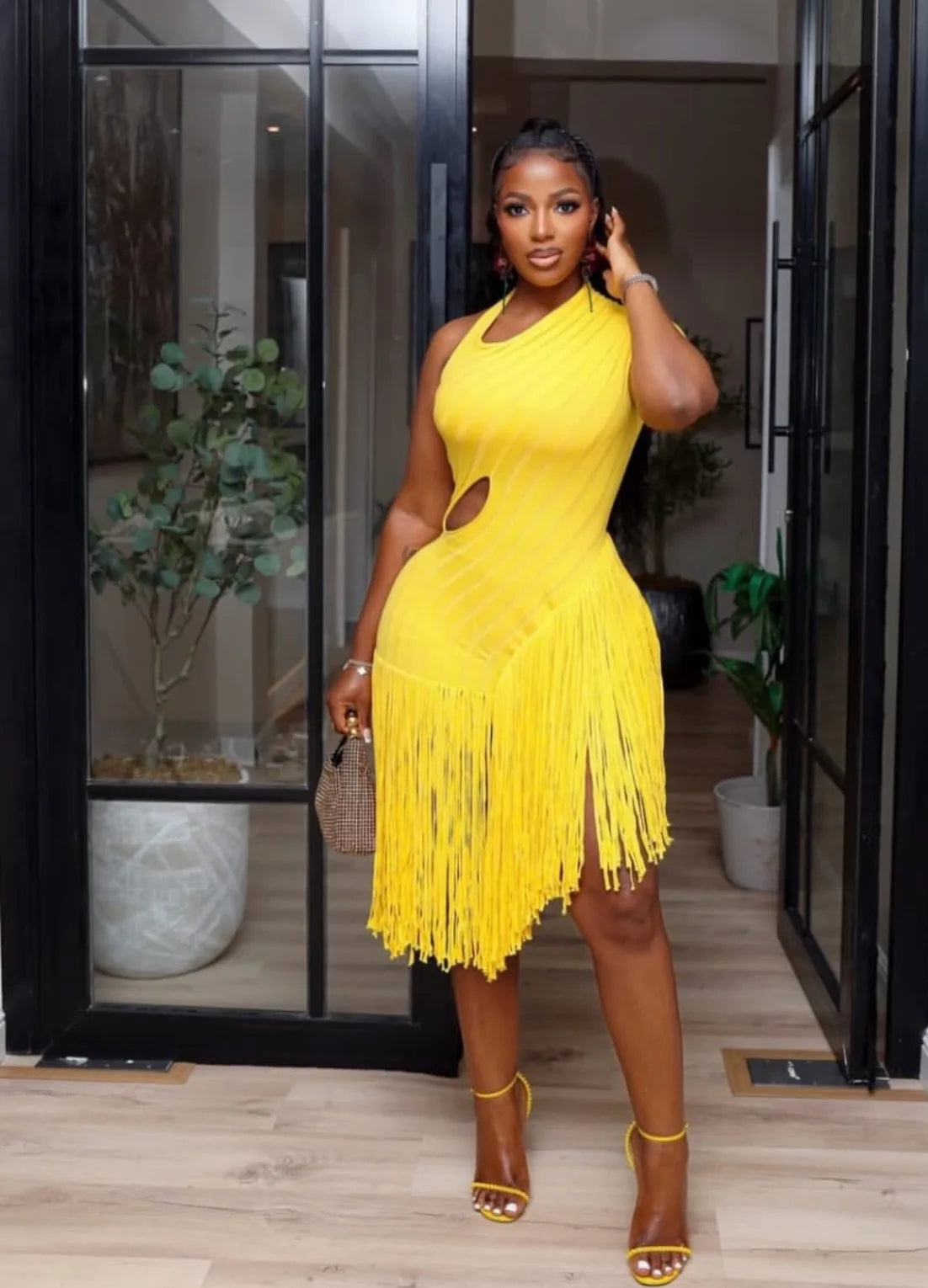 Robe Midi Asymétrique à Franges pour Femme Élégante, Été 2026, en Maille Côtelée Unie avec Découpes, Coupe Moulante, pour Soirée et Club