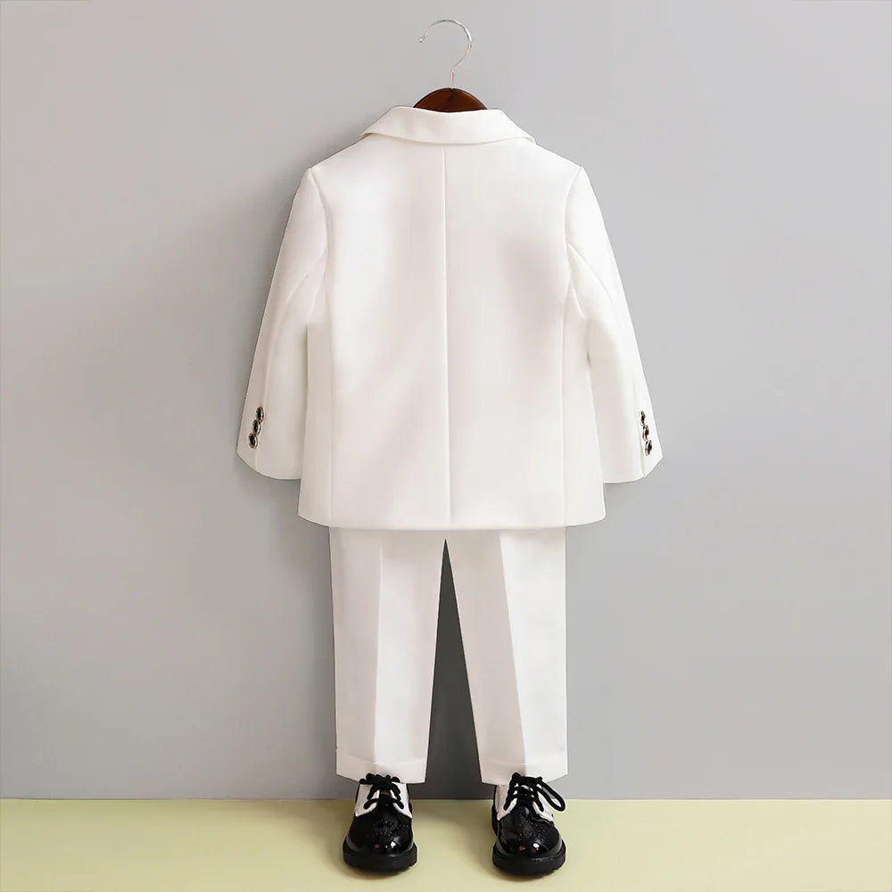 Costume de mariage blanc pour enfants, 3 pièces, veste, pantalon, Botwtie, costume de photographie, fleur, robe de soirée de smoking d'anniversaire pour garçons