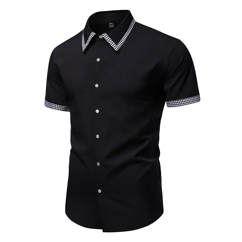 Chemise blanche décontractée à manches courtes pour homme, col à revers à simple boutonnage, chemises de bureau tendance pour homme avec patchwork