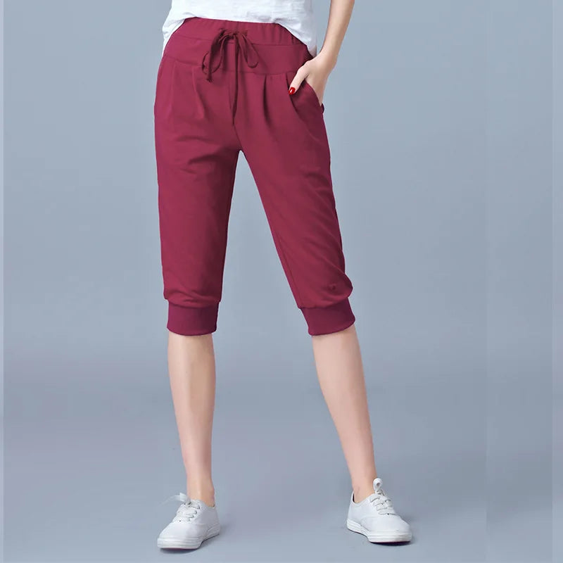 Pantalon court extensible bleu taille haute pour femme, pantalon sarouel athlétique léger gris d'été, short noir à cordon de serrage.