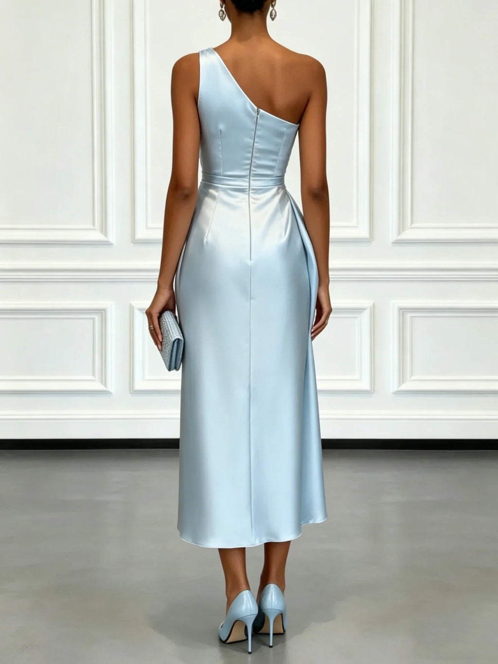 Robe midi élégante à une épaule en satin plissé pour soirée formelle ou cocktail