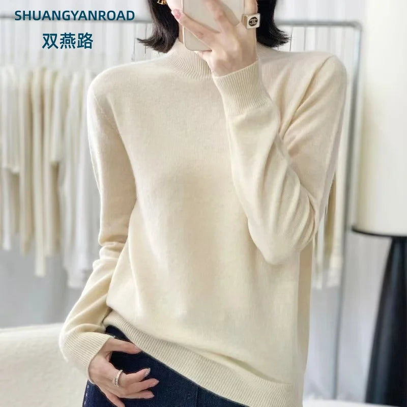 Pull en laine mérinos 100% pour femme, style basique automne-hiver, pull en laine à manches longues, col semi-haut ample, pull en tricot de laine