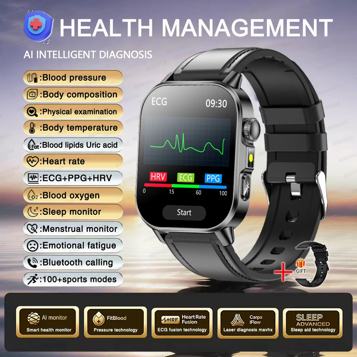 Montre connectée intelligente 2026 pour la santé des femmes, diagnostic précis, ECG+HRV, tension artérielle, oxygène sanguin, acide urique, fréquence cardiaque, appels Bluetooth