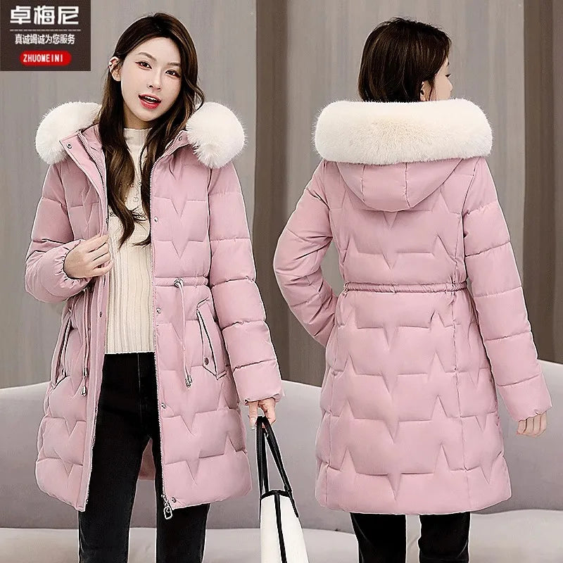Veste longue en duvet Ctton pour femme avec ceinture, Parka optique blanche, à lacets, mince, haut de gamme, hiver, nouveau, 2023