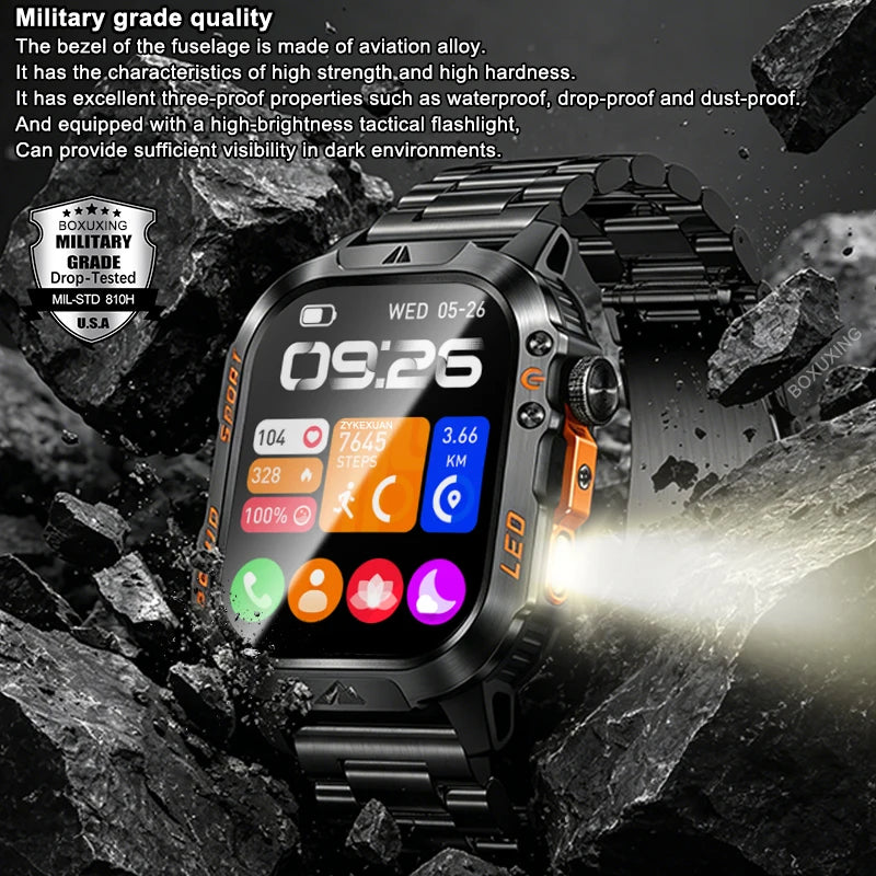 Nouvelle montre connectée militaire 2026 pour hommes, batterie 1200 mAh, étanche 5ATM, suivi d'activité, santé, fréquence cardiaque, compatible iOS et Android