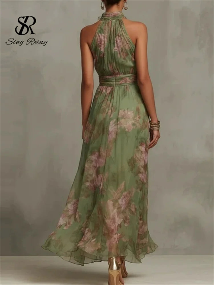 Robe longue élégante SINGREINY en mousseline de soie verte à motif floral, style licou, sans manches, coupe trapèze, tendance 2026, pour femme, idéale pour les invitées de mariage ou les soirées.
