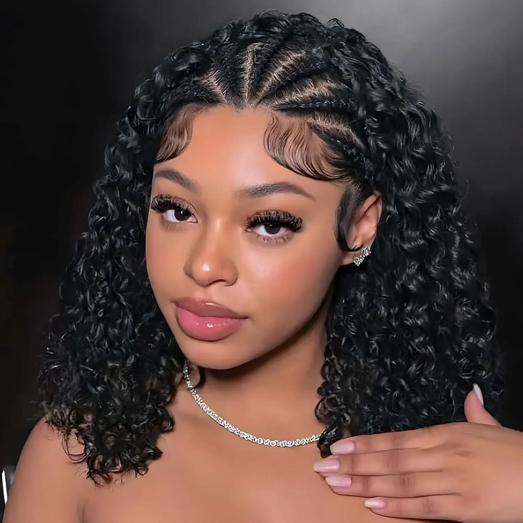Perruque Bob tressée style cornrow, cheveux humains brésiliens bouclés profonds, sans nœuds, perruque complète en dentelle 13x4, pré-tressée, style boho box braids pour femmes