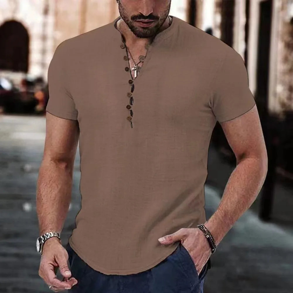 Nouveau t-shirt à manches courtes pour hommes col en V bouton chemise en coton et lin vêtements décontractés pour hommes hauts populaires pour hommes