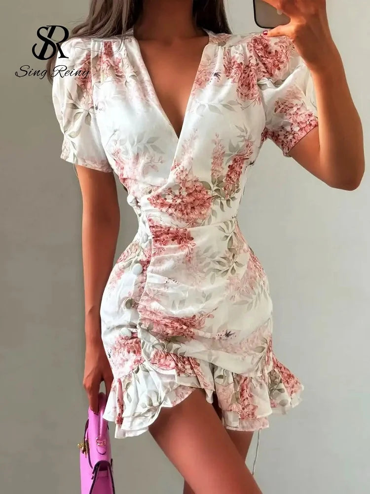 Robe Courte Élégante SINGREINY à Imprimé Floral pour Femme, Col en V, Manches Courtes, Volants, Robe d'Été Tendance 2026 pour Vacances