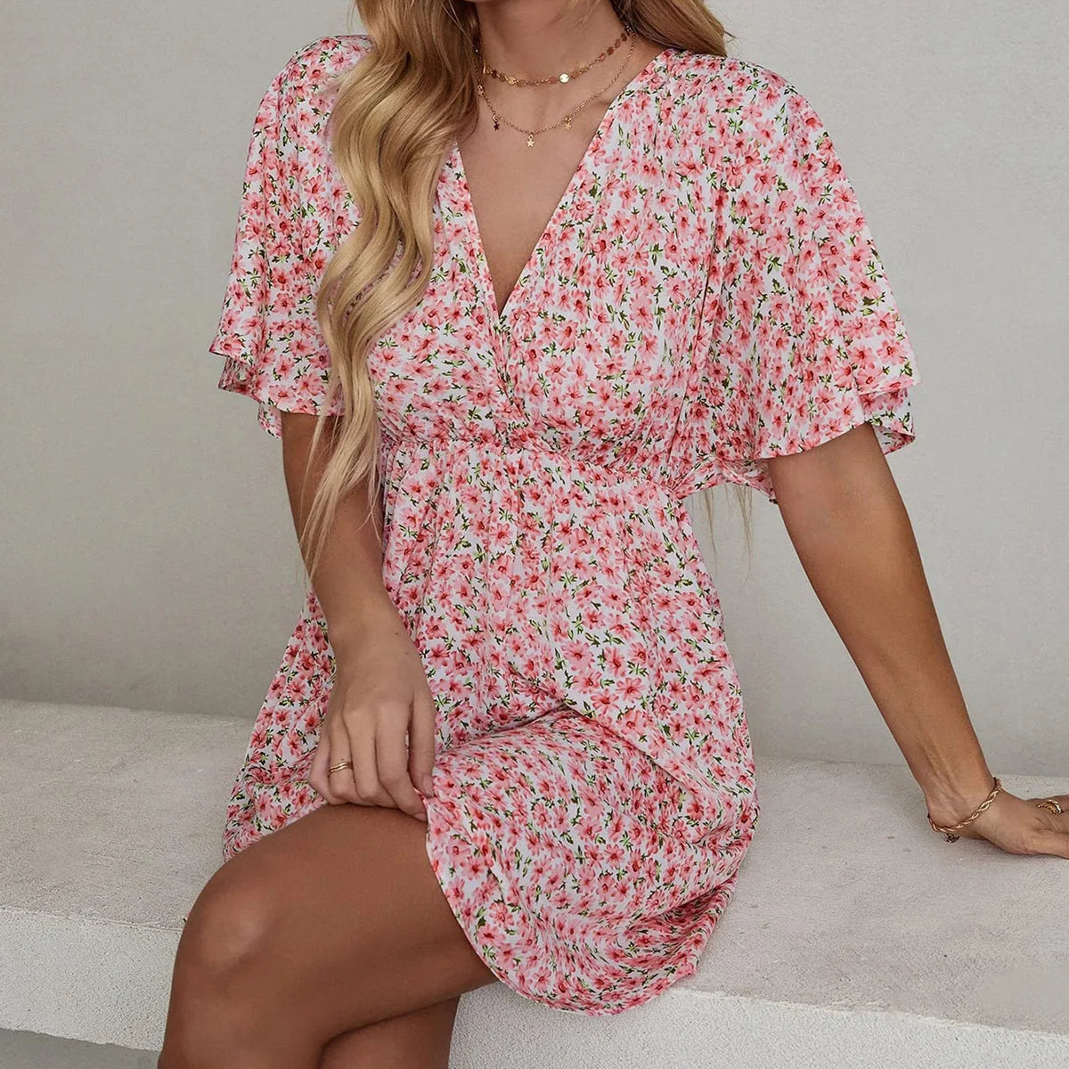 Robe ample décontractée pour femmes, nouvelle collection printemps et été 2024, col en v, manches courtes, Europe et états-unis