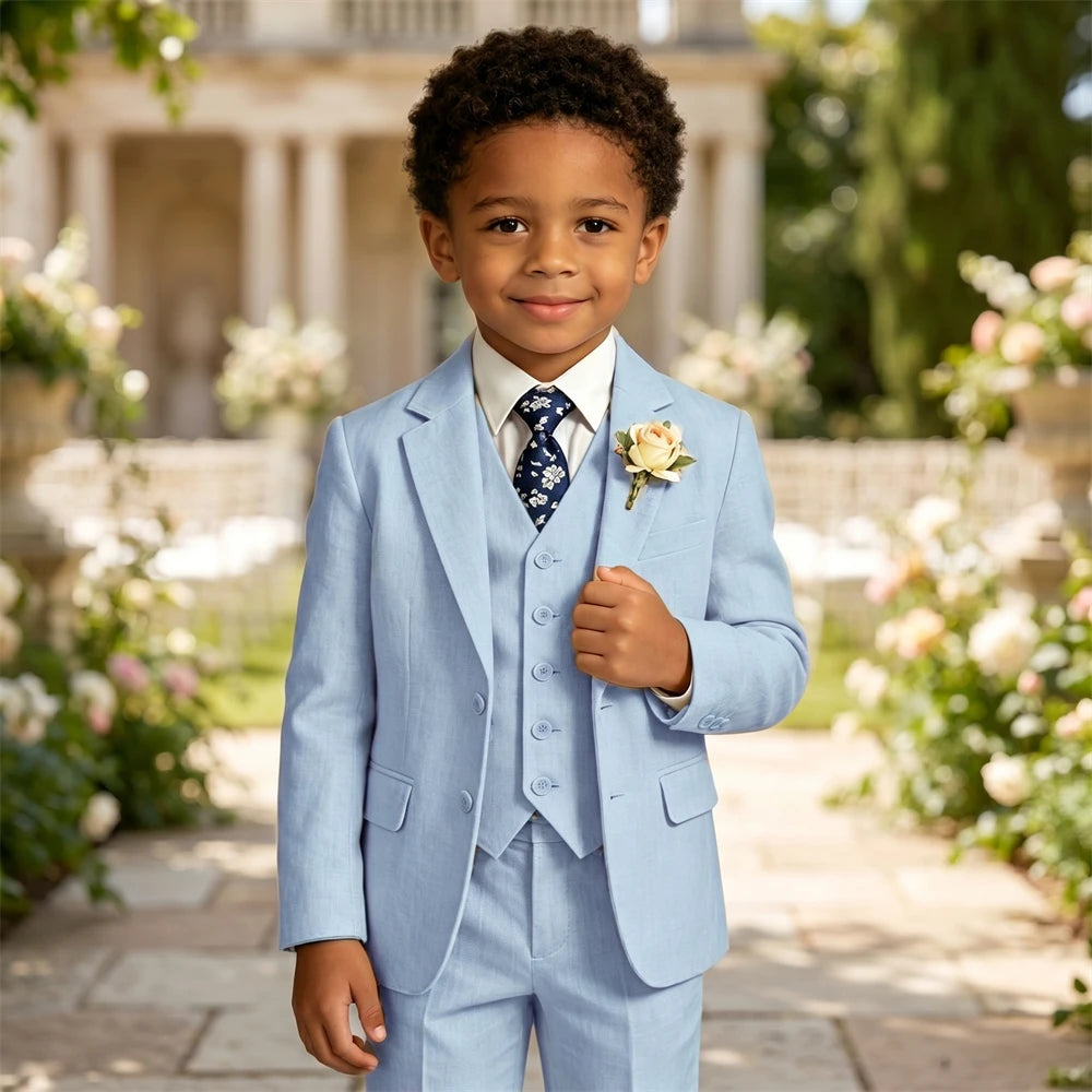 Costume en lin pour garçon, smoking 4 pièces coupe classique pour enfants, veste, gilet, pantalon, cravate, pour communion, performance au piano, ou rôle de porteur d'alliances