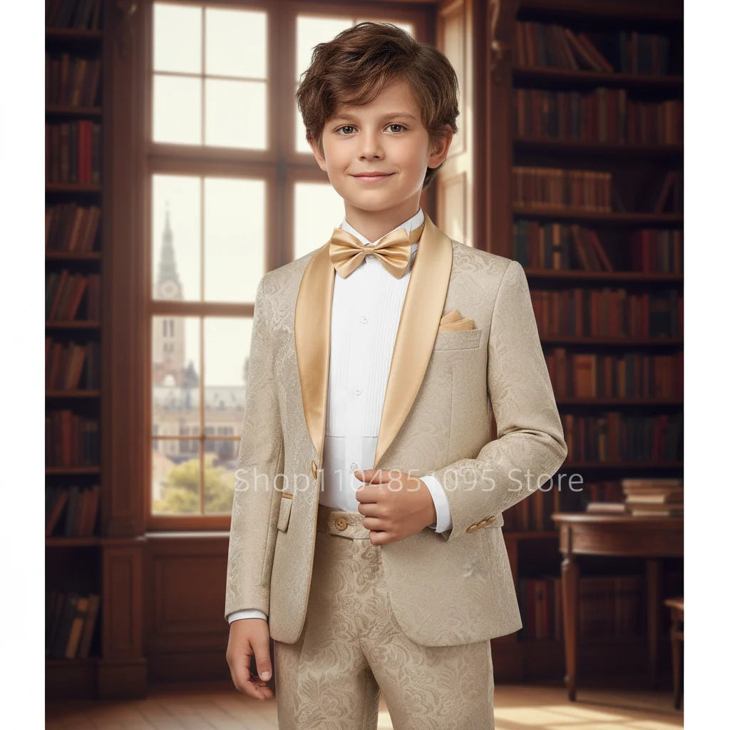 Costume de mariage formel 2 pièces en jacquard pour garçons, blazer à revers châle avec pantalon, coupe ajustée, smoking, costume d'affaires pour enfants, fête, bal de promo
