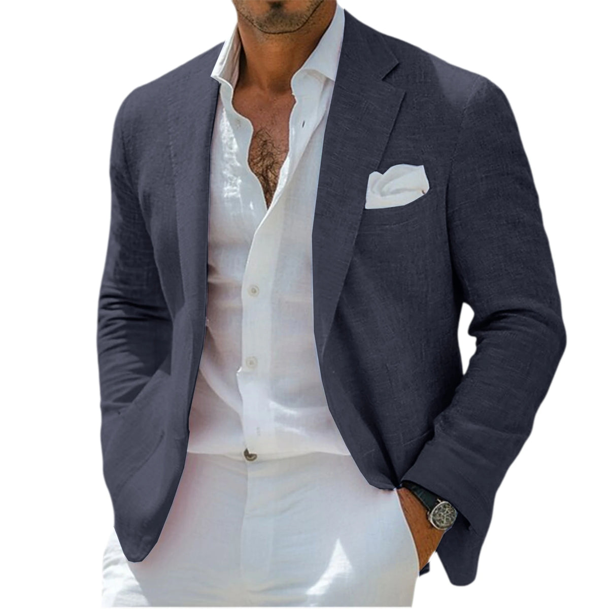 Blazer en lin pour homme, revers cranté, 2 boutons, coupe ajustée, veste de costume légère et respirante, idéale pour l'été, la plage, les mariages, le sport ou le quotidien