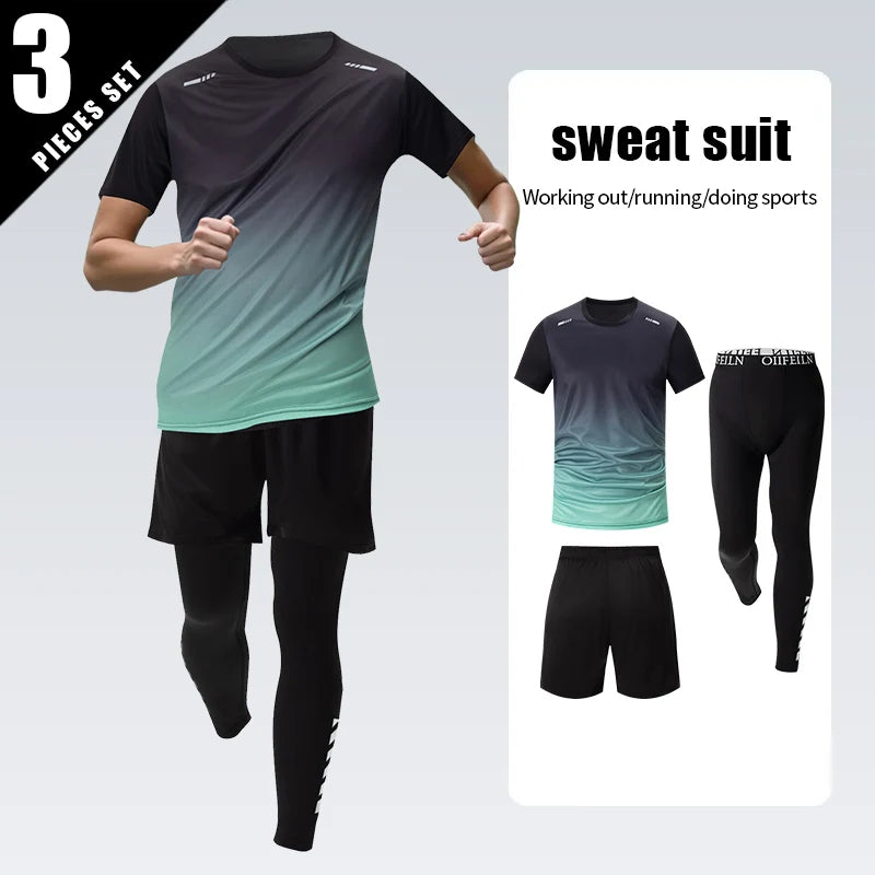 Combinaison de sport dégradée pour hommes, 3 pièces, séchage rapide, loisirs, sport, course à pied, manches courtes, pantalon de Protection solaire confortable, Short Joker