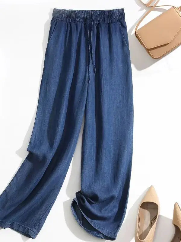 Jean d'été taille haute en soie glacée élastique, coupe droite, jambe large, pantalon ample pour femme, grandes tailles