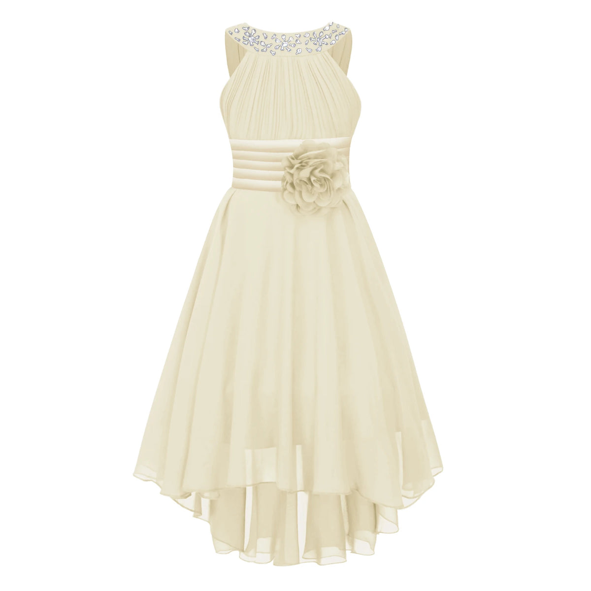 Robe de princesse à fleurs pour filles, robe formelle de demoiselle d'honneur junior, de fête de mariage, sans manches, froncée, jupe haute et basse en mousseline de soie, robes de bal