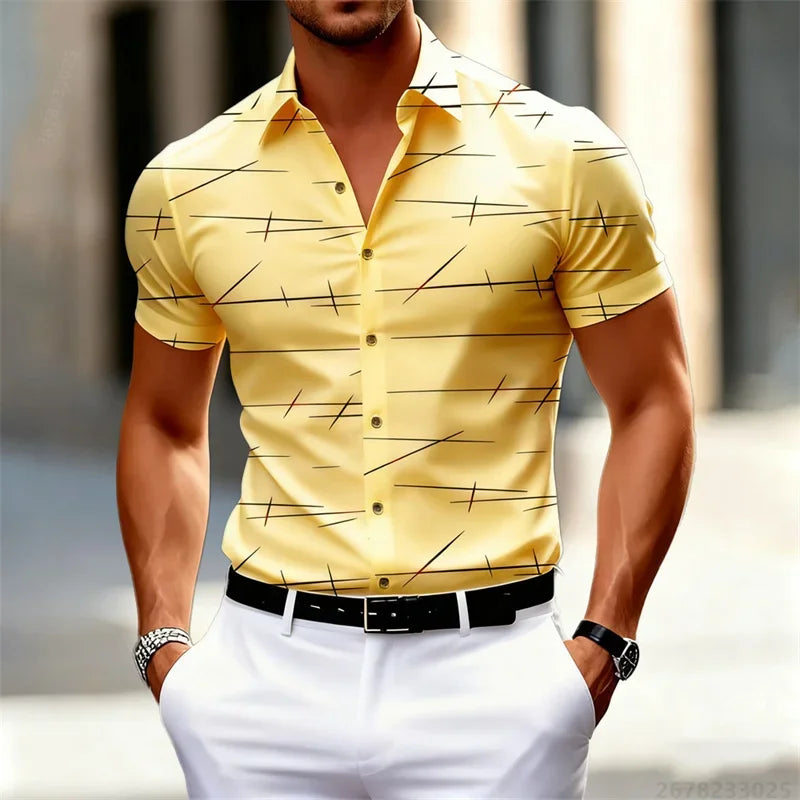 Chemise à manches courtes pour homme, 18 couleurs, nouvelle collection 2026, imprimé lignes géométriques, style urbain décontracté, col slim, tissu confortable