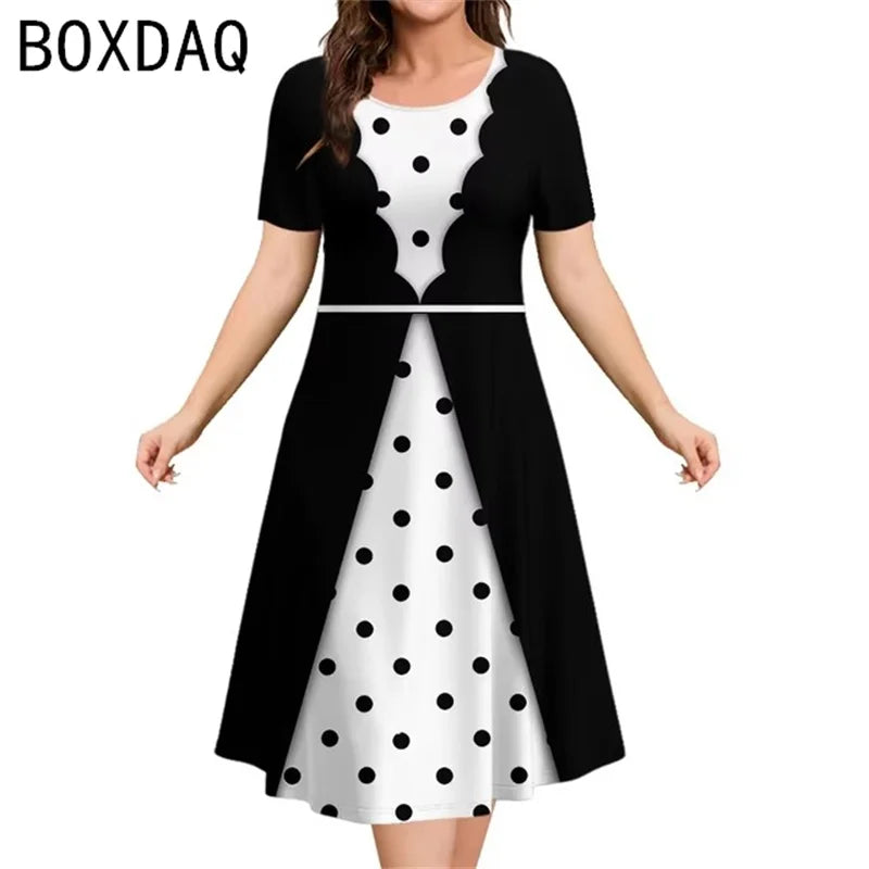 Robe Vintage à Carreaux Imprimés Noirs et Blancs pour Femme, Manches Courtes, Col Rond, Trapèze, Grande Taille 3XL, Élégante, Éducative, Été
