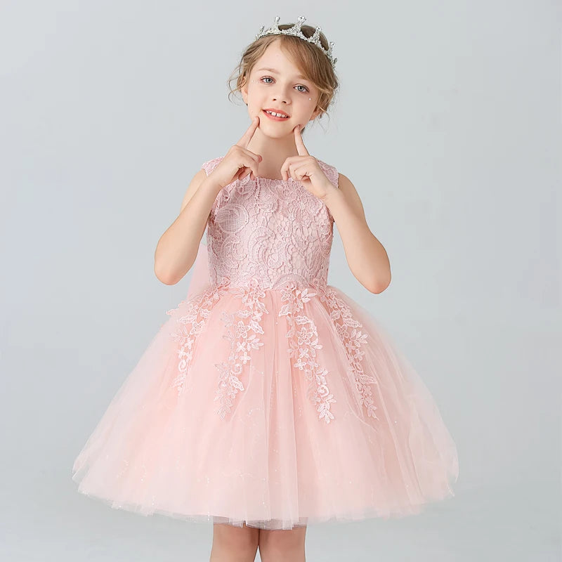 Robe à fleurs en dentelle blanche pour filles, avec nœuds, robe de première Communion pour enfants, robes de princesse sans manches, BX8991
