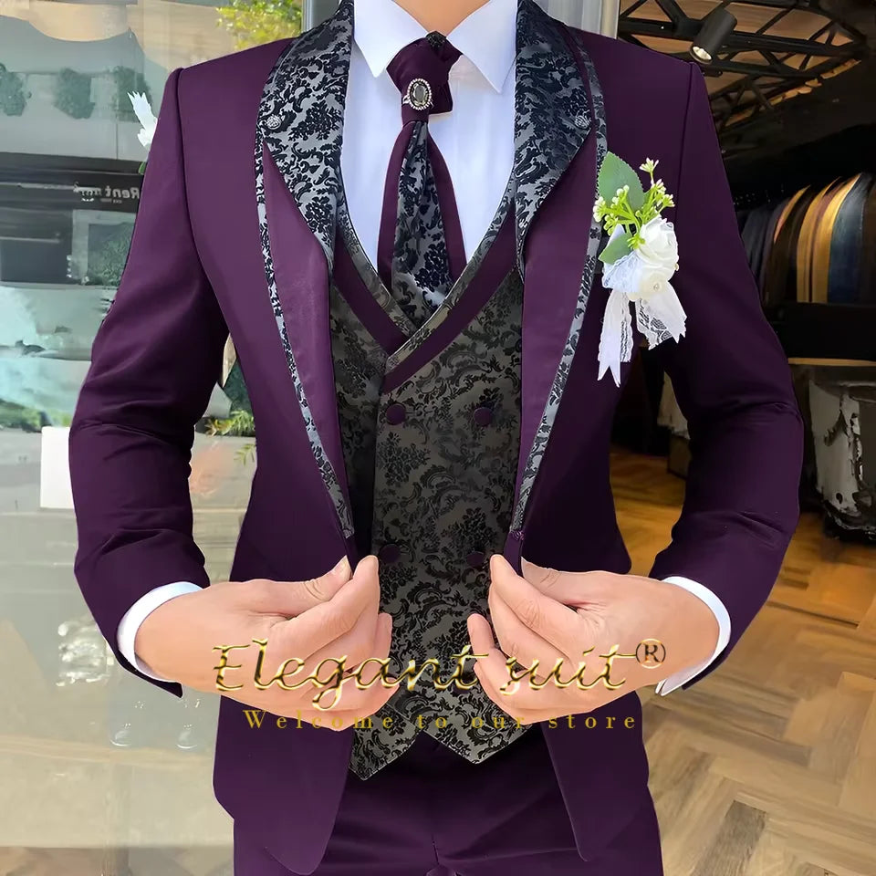 Ensemble de costume 3 pièces pour hommes, gilet jacquard noir, style contrasté, costume, gilet et pantalon, choix de mariages et de célébrations