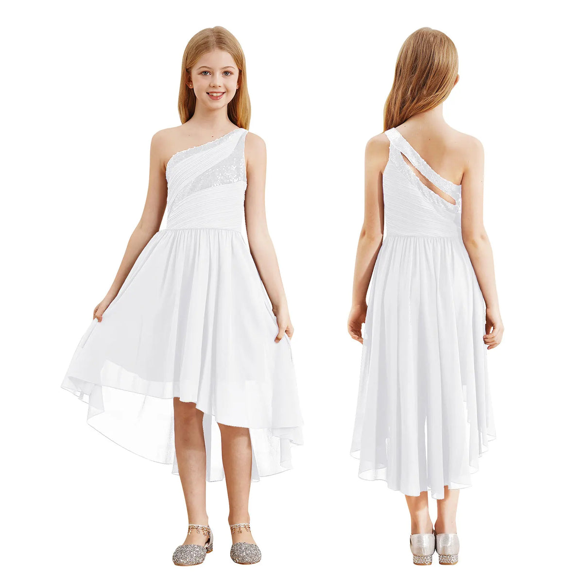 Robe d'été en mousseline de soie pour filles, tenue de princesse à paillettes, asymétrique épaule dénudée, sans manches, robe Maxi de demoiselle d'honneur junior, robes de fête de mariage