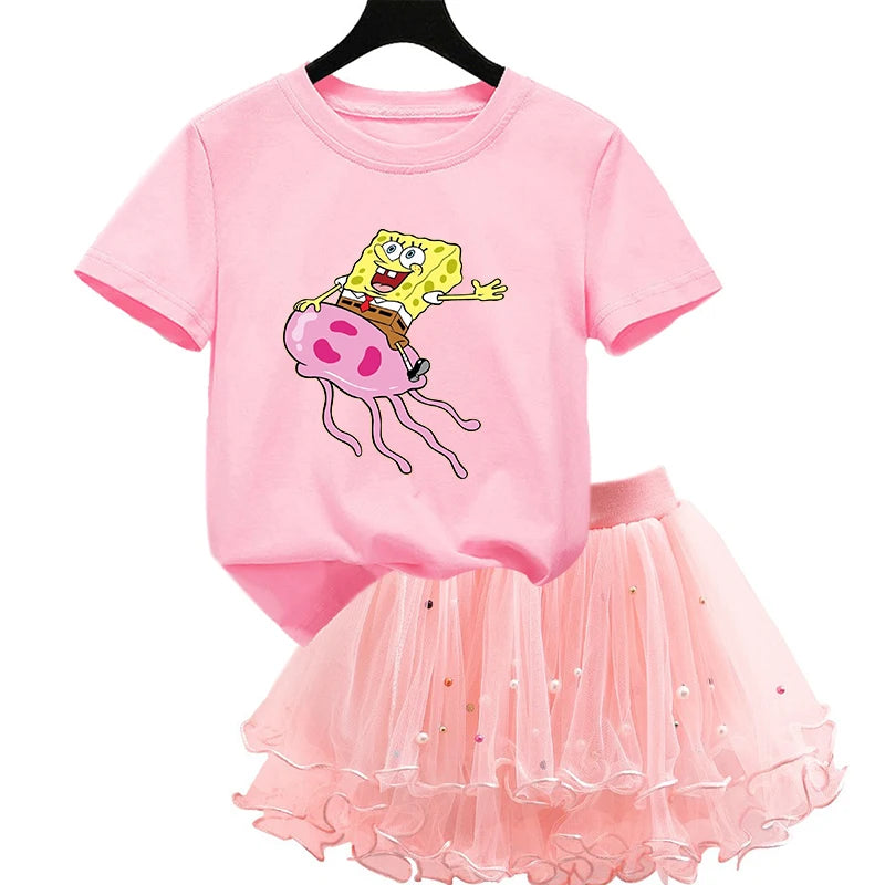 Robe Bob l'éponge pour filles, vêtements d'anniversaire pour enfants, robe de princesse de fête, T-shirt + jupe Tutu, cadeau de soirée d'été, 2 pièces/ensemble