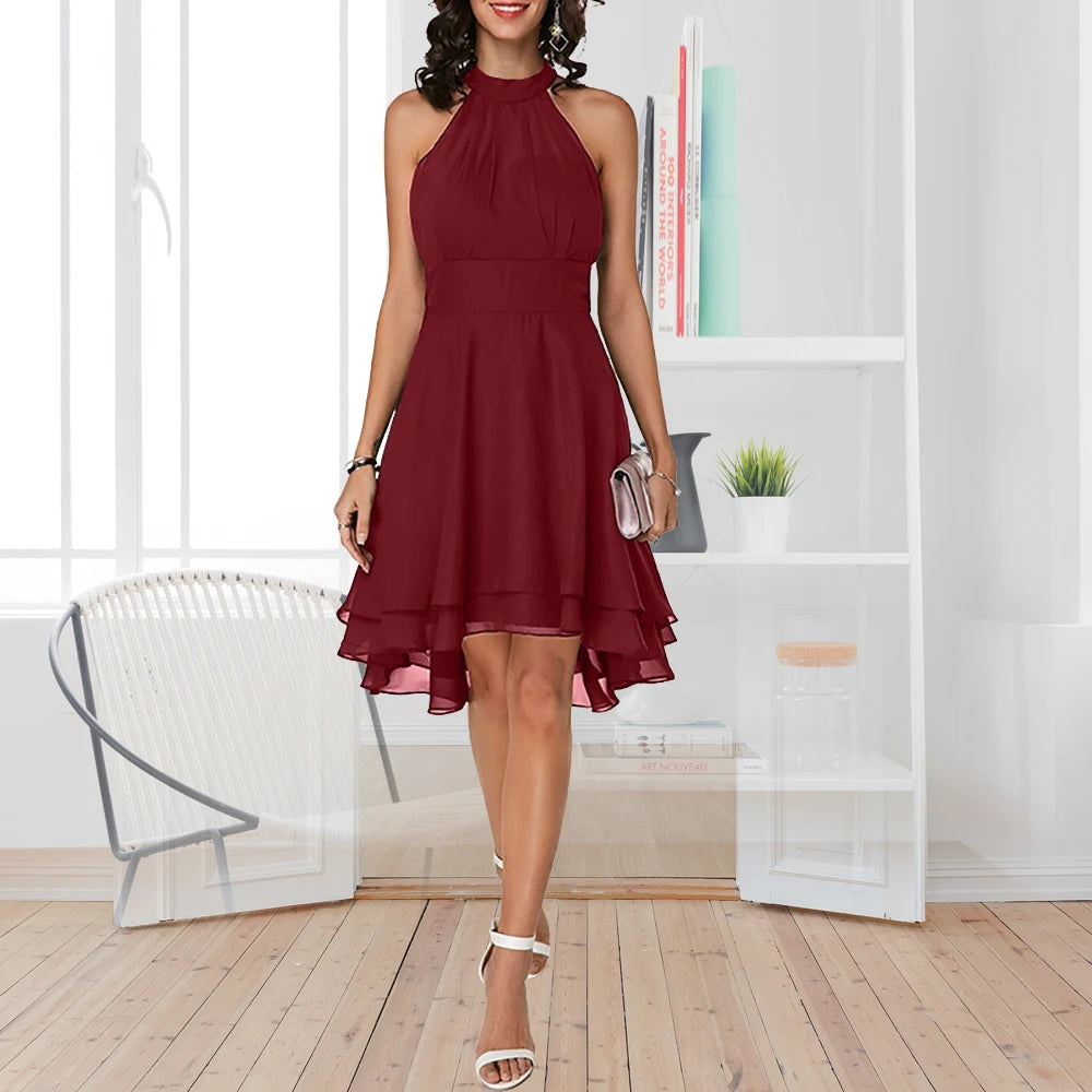 Femmes robe élégante été solide taille haute licou sans manches robes mi-longues dames recadrée couches en mousseline de soie fête robes minces