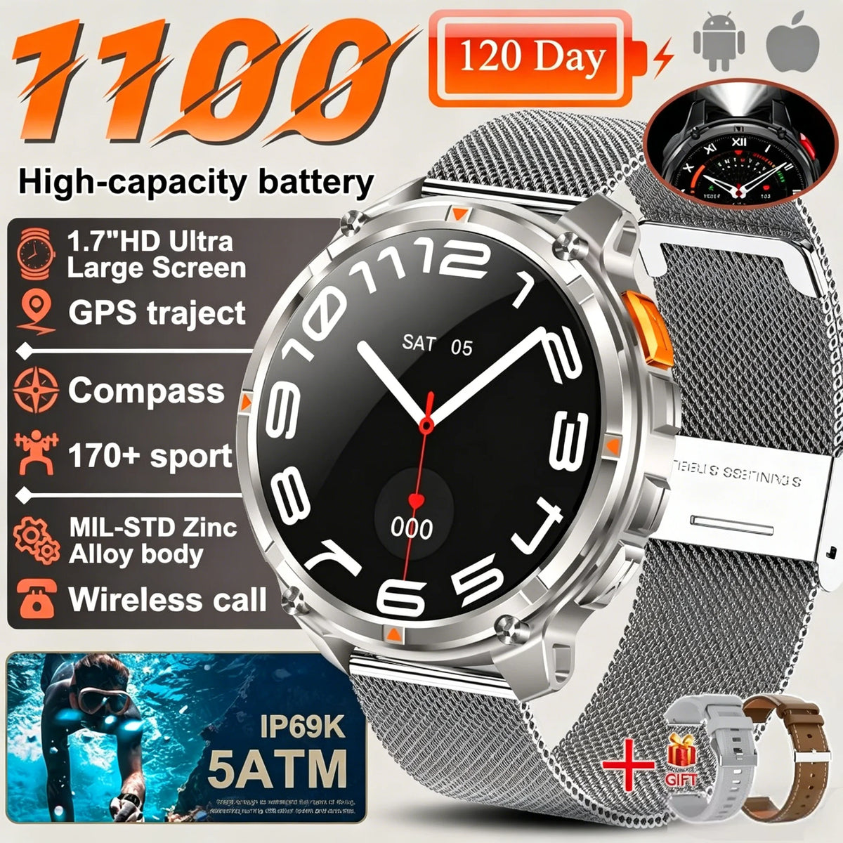 Nouvelle montre connectée T-REX3 Ultra avec batterie 1100mAh, étanche 10ATM, GPS, boussole, lampe de poche, écran AMOLED HD de 1,7 pouces, appels, montre connectée sport pour hommes