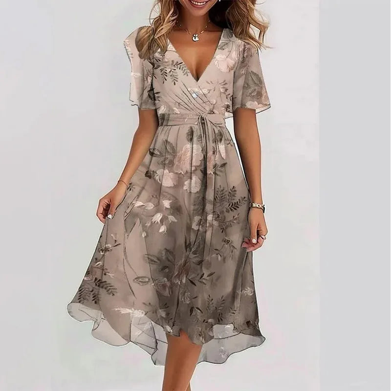 Robe de soirée bohème élégante à imprimé floral, col en V, manches courtes, longueur genou, Vestidos BKLFZ-1616
