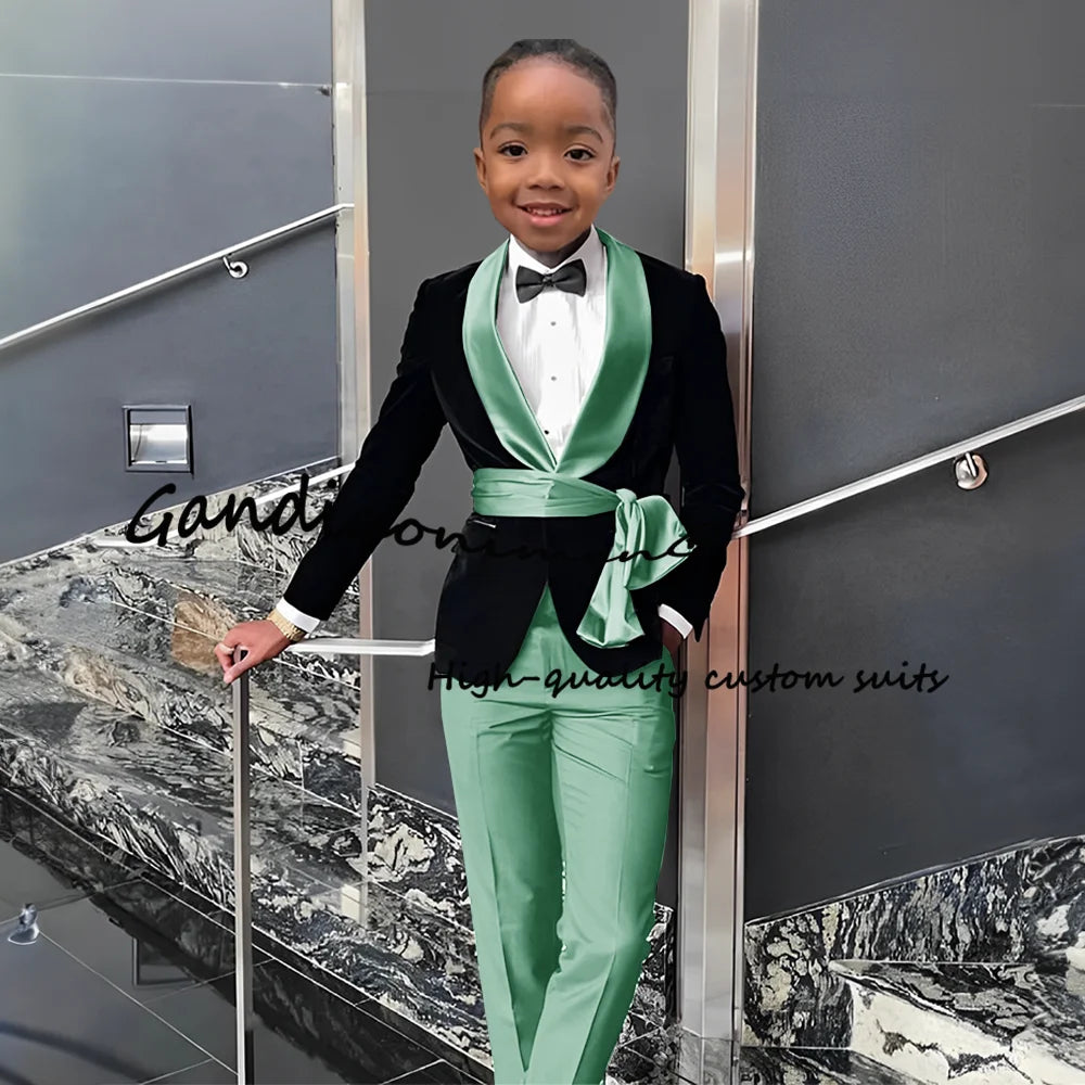 Blazer personnalisé en velours trempé pour garçons, veste noire, robe de soirée formelle, tenue de mode pour enfants, tenue de mariage, ensemble de 2 pièces