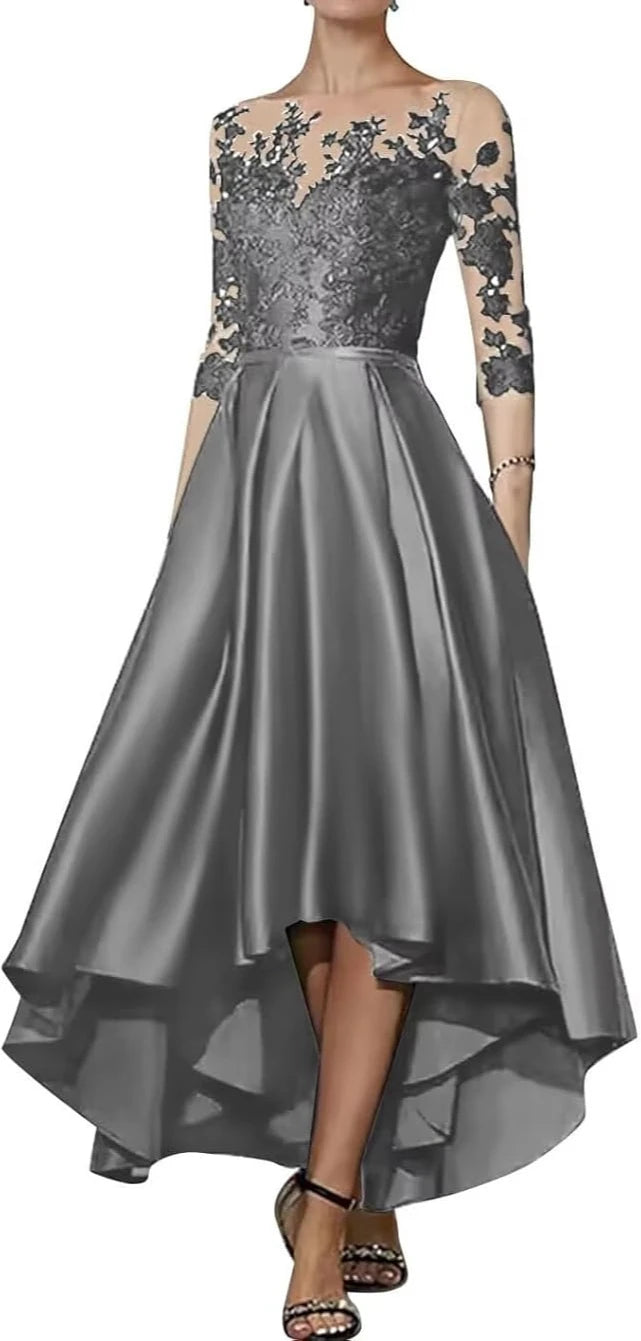Robe en satin à col en V pour mère de la mariée, robe trapèze élégante longueur thé, devant court, dos long, invité de mariage