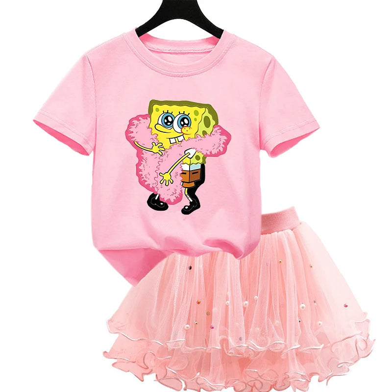 Robe Bob l'éponge pour filles, vêtements d'anniversaire pour enfants, robe de princesse de fête, T-shirt + jupe Tutu, cadeau de soirée d'été, 2 pièces/ensemble