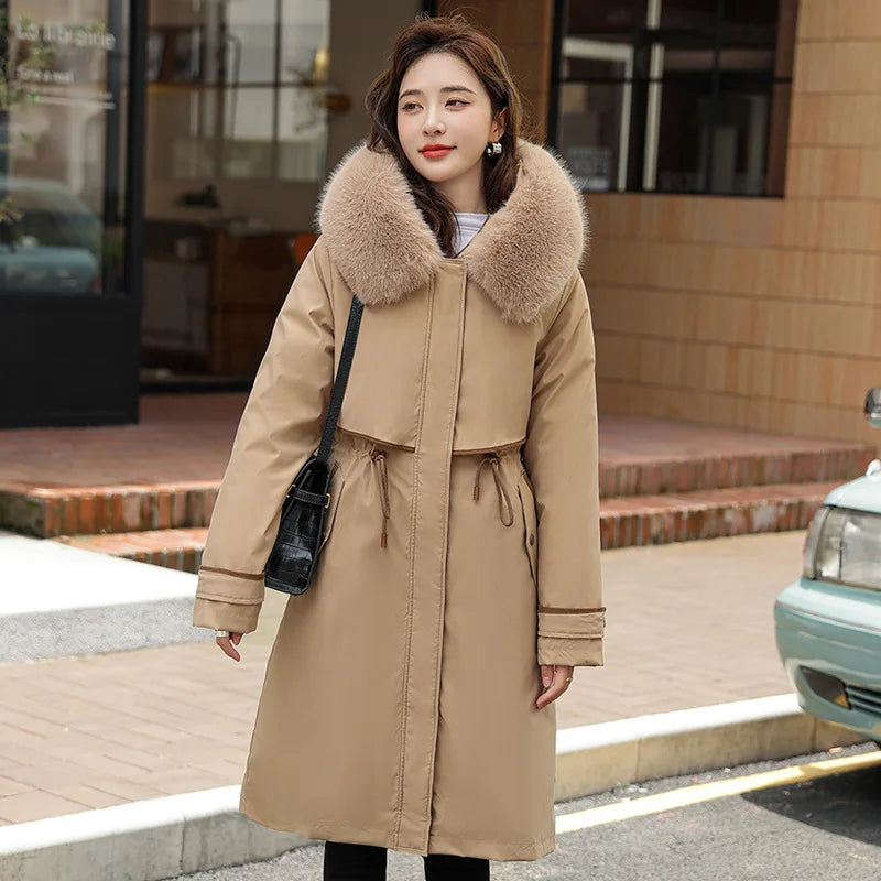 Parkas d'hiver doublés de coton coréen pour femmes, col en fausse fourrure, vestes à capuche, manteau rembourré en coton chaud, coupe-vent féminin, 2023